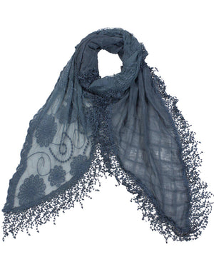 Half Embroidered Flowers & Solid Box Hand Knitted Asymmetric Lace Long Scarf