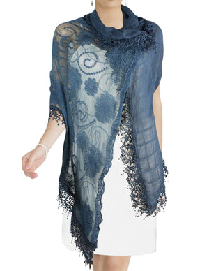 Half Embroidered Flowers & Solid Box Hand Knitted Asymmetric Lace Long Scarf