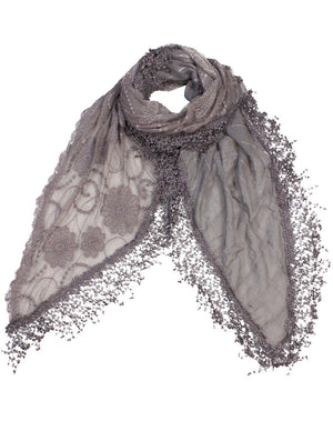 Half Embroidered Flowers & Solid Box Hand Knitted Asymmetric Lace Long Scarf
