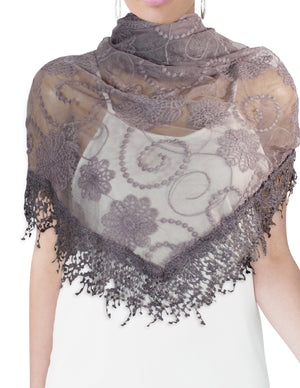 Half Embroidered Flowers & Solid Box Hand Knitted Asymmetric Lace Long Scarf