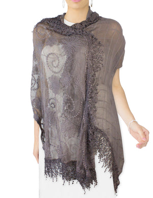 Half Embroidered Flowers & Solid Box Hand Knitted Asymmetric Lace Long Scarf