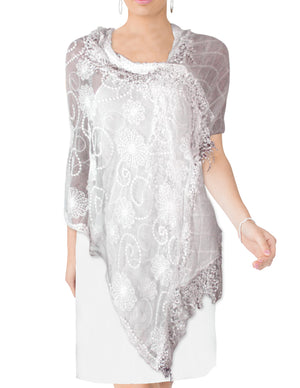 Half Embroidered Flowers & Solid Box Hand Knitted Asymmetric Lace Long Scarf