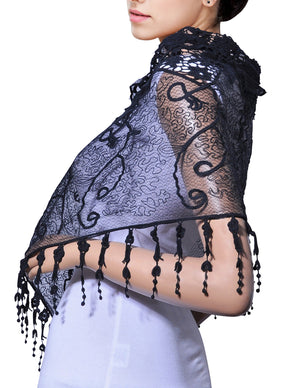Lace Mesh Vine Flower Hand Embroidered Cotton Nylon Long Scarf