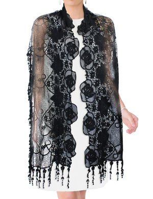 Lace Mesh Vine Flower Hand Embroidered Cotton Nylon Long Scarf