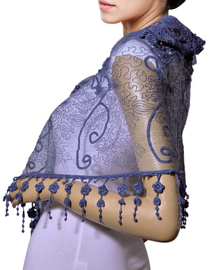 Lace Mesh Vine Flower Hand Embroidered Cotton Nylon Long Scarf