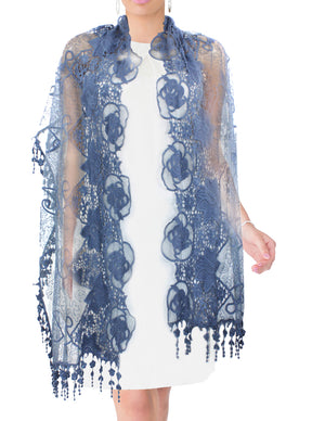 Lace Mesh Vine Flower Hand Embroidered Cotton Nylon Long Scarf