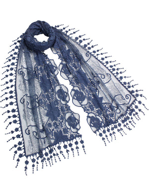 Lace Mesh Vine Flower Hand Embroidered Cotton Nylon Long Scarf