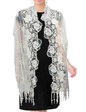 Lace Mesh Vine Flower Hand Embroidered Cotton Nylon Long Scarf