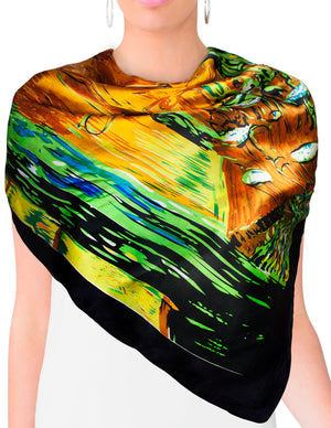 [product type] | Satin Charmeuse Square Silk Scarf with Edges - Van Gogh "Cafe Terrace at Night" - Orange | Dahlia