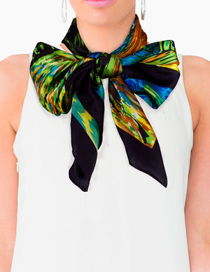 [product type] | Satin Charmeuse Square Silk Scarf with Edges - Van Gogh "Cafe Terrace at Night" - Orange | Dahlia