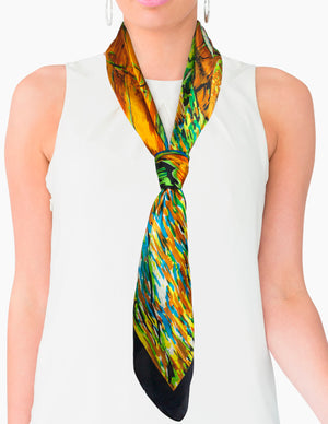 [product type] | Satin Charmeuse Square Silk Scarf with Edges - Van Gogh "Cafe Terrace at Night" - Orange | Dahlia