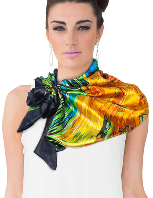 [product type] | Satin Charmeuse Square Silk Scarf with Edges - Van Gogh "Cafe Terrace at Night" - Orange | Dahlia