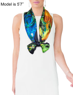 [product type] | Satin Charmeuse Square Silk Scarf with Edges - Van Gogh "Cafe Terrace at Night" - Orange | Dahlia