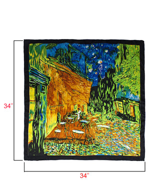 [product type] | Satin Charmeuse Square Silk Scarf with Edges - Van Gogh "Cafe Terrace at Night" - Orange | Dahlia