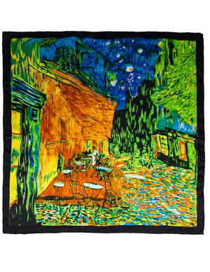 [product type] | Satin Charmeuse Square Silk Scarf with Edges - Van Gogh "Cafe Terrace at Night" - Orange | Dahlia