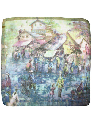 Ancient Village Life Reviving Morning Market Square Scarf Shawl - Dahlia