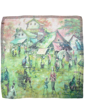 Ancient Village Life Reviving Morning Market Square Scarf Shawl - Dahlia