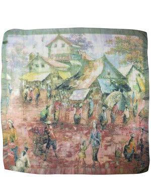 Ancient Village Life Reviving Morning Market Square Scarf Shawl - Dahlia