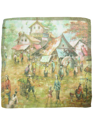 Ancient Village Life Reviving Morning Market Square Scarf Shawl