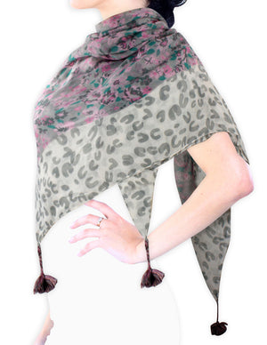 Floret Flowers with Leopard Print Border Dangling Square Scarf