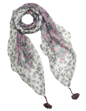Floret Flowers with Leopard Print Border Dangling Square Scarf