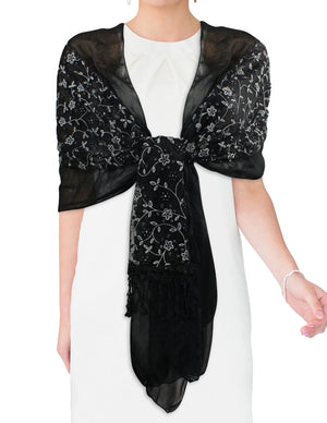 Shining Floret Flower Pattern Hand Embroidered Lace Long Scarf Shawl
