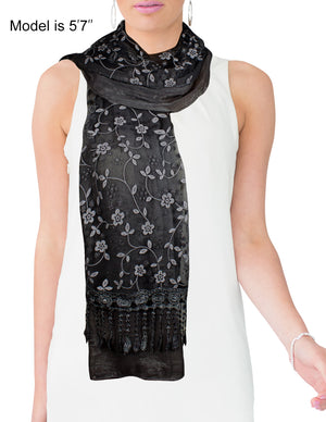 Shining Floret Flower Pattern Hand Embroidered Lace Long Scarf Shawl