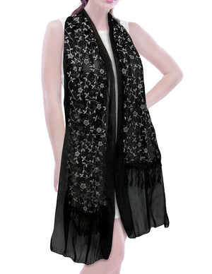 Shining Floret Flower Pattern Hand Embroidered Lace Long Scarf Shawl
