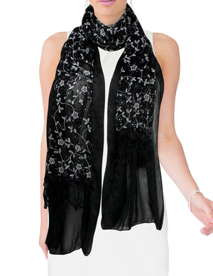 Shining Floret Flower Pattern Hand Embroidered Lace Long Scarf Shawl