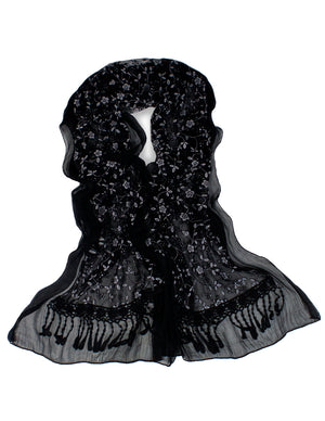 Shining Floret Flower Pattern Hand Embroidered Lace Long Scarf Shawl