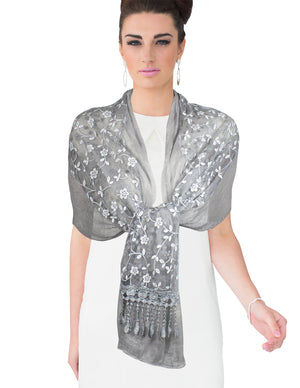 Shining Floret Flower Pattern Hand Embroidered Lace Long Scarf Shawl
