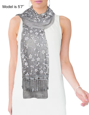 Shining Floret Flower Pattern Hand Embroidered Lace Long Scarf Shawl