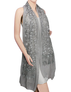 Shining Floret Flower Pattern Hand Embroidered Lace Long Scarf Shawl