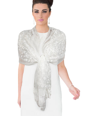 Shining Floret Flower Pattern Hand Embroidered Lace Long Scarf Shawl
