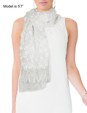 Shining Floret Flower Pattern Hand Embroidered Lace Long Scarf Shawl