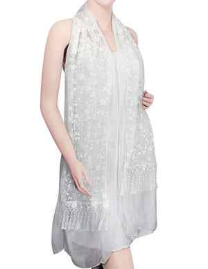 Shining Floret Flower Pattern Hand Embroidered Lace Long Scarf Shawl