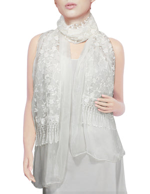 Shining Floret Flower Pattern Hand Embroidered Lace Long Scarf Shawl