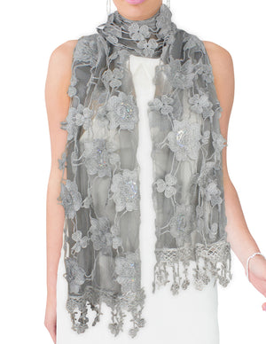 Hand Embroidered Rose and Trillium Flower Shining Sequins Lace Long Scarf Shawl