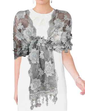 Hand Embroidered Rose and Trillium Flower Shining Sequins Lace Long Scarf Shawl