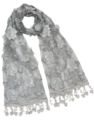 Hand Embroidered Rose and Trillium Flower Shining Sequins Lace Long Scarf Shawl