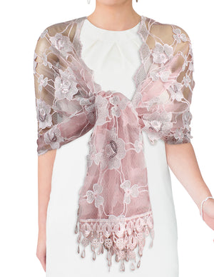 Hand Embroidered Rose and Trillium Flower Shining Sequins Lace Long Scarf Shawl