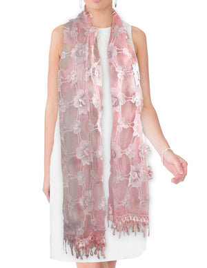 Hand Embroidered Rose and Trillium Flower Shining Sequins Lace Long Scarf Shawl