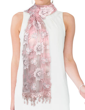 Hand Embroidered Rose and Trillium Flower Shining Sequins Lace Long Scarf Shawl