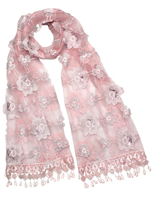 Hand Embroidered Rose and Trillium Flower Shining Sequins Lace Long Scarf Shawl