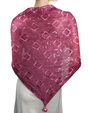 Hand Embroidered Square Shining Sequins Lace Triangle Scarf Shawl with Dangling Balls