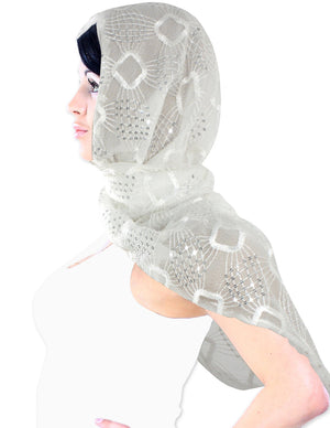 Hand Embroidered Square Shining Sequins Lace Triangle Scarf Shawl with Dangling Balls