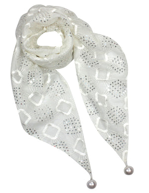 Hand Embroidered Square Shining Sequins Lace Triangle Scarf Shawl with Dangling Balls