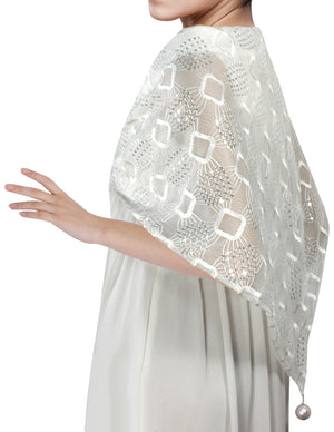Hand Embroidered Square Shining Sequins Lace Triangle Scarf Shawl with Dangling Balls