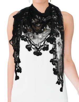 Hand Embroidered Lily Flower Beaded Metallic Threads Hand Knitted Lace Triangle Scarf