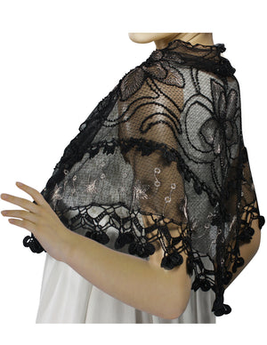 Hand Embroidered Lily Flower Beaded Metallic Threads Hand Knitted Lace Triangle Scarf